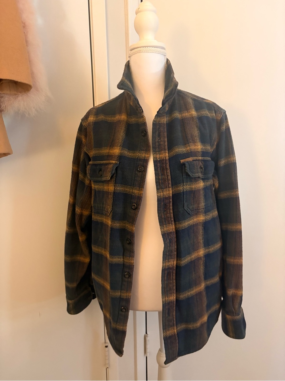 Orvis Flannel Olive & Mustard Plaid Lightweight Shirt Jacket